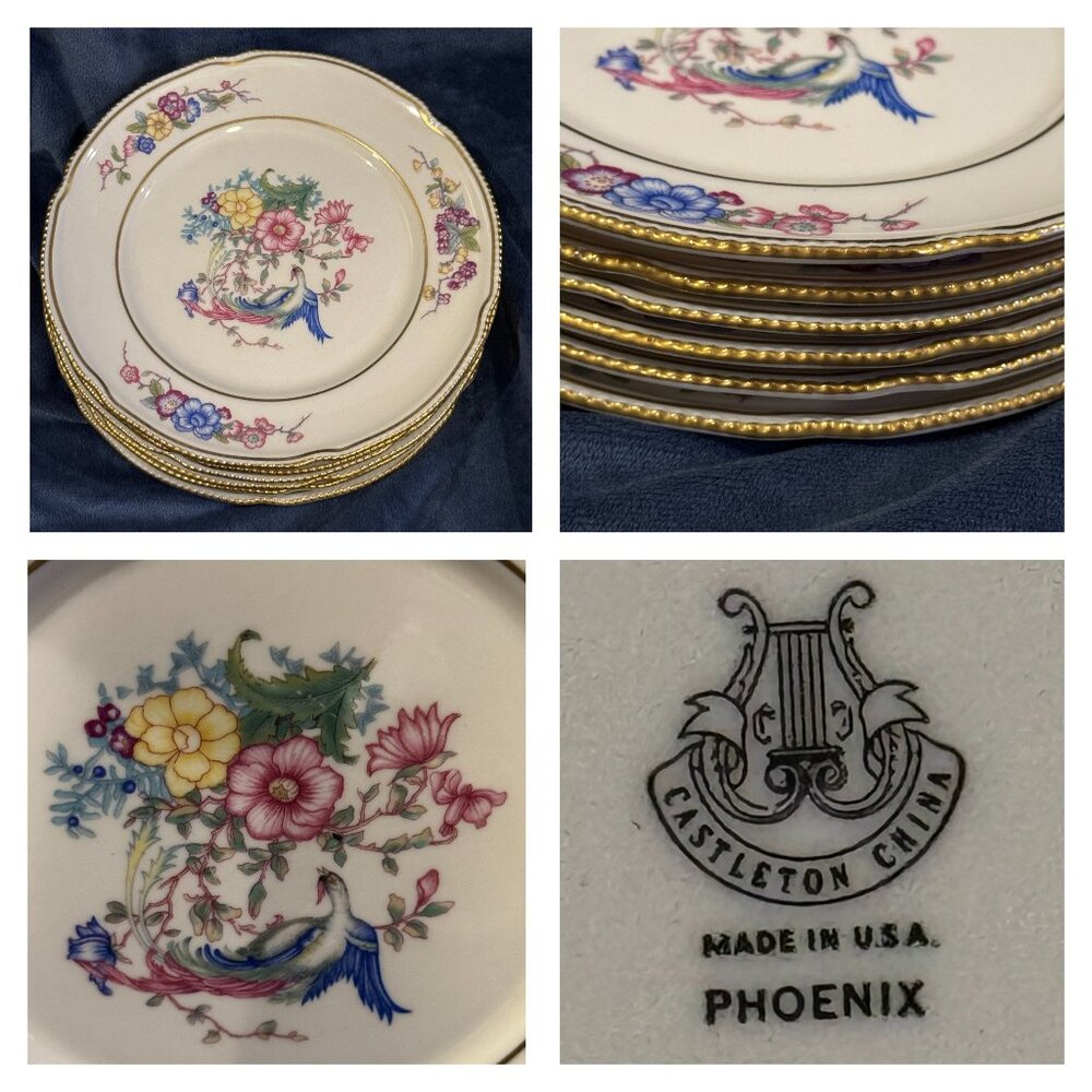 Castleton China 6 SALAD Starter Plates Phoenix Gold Flower Bird Scalloped Edge
